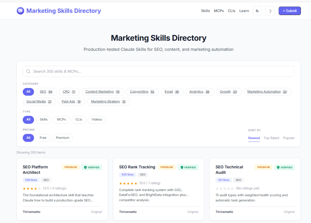 Página do acervo de Claude Skills de marketing no marketingskills.directory