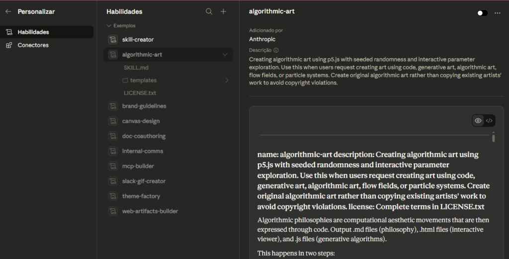 Gif mostrando no painel do Claude onde importar arquivos SKILL.md ou pacotes .zip de Skills