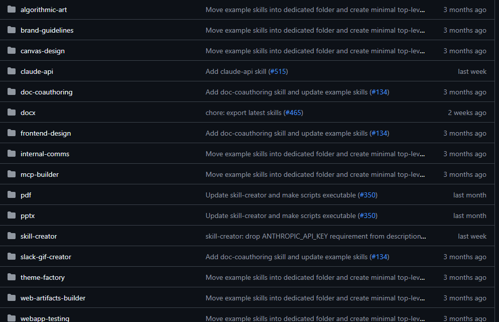 Print do repositório anthropics/skills no GitHub com lista de Claude Skills oficiais